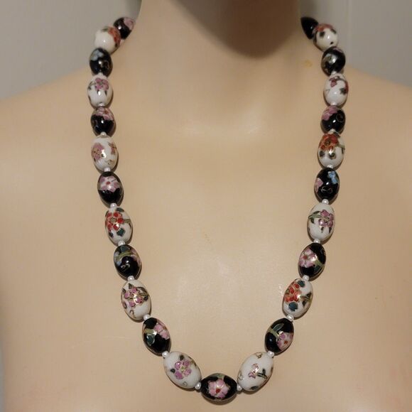Hand Painted Ceramic Flower Bead Necklace - Picture 1 of 3